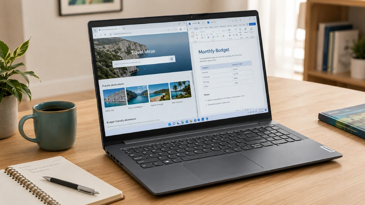 Lenovo IdeaPad Slim 3 15ARP10 pe o masă din lemn deschis, cu browser și document deschise pe ecran