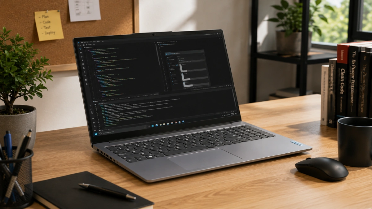 Lenovo IdeaPad Slim 3 15IRH10 pe un birou de lucru, cu editor de cod deschis pe ecran