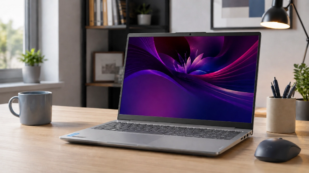 Laptop Lenovo IdeaPad Slim 5 16IMH10 pe un birou modern într-un scenariu de productivitate