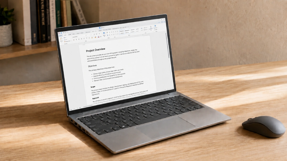Lenovo ThinkBook 14 G8 deschis pe un birou din lemn, cu un document afișat clar pe ecran