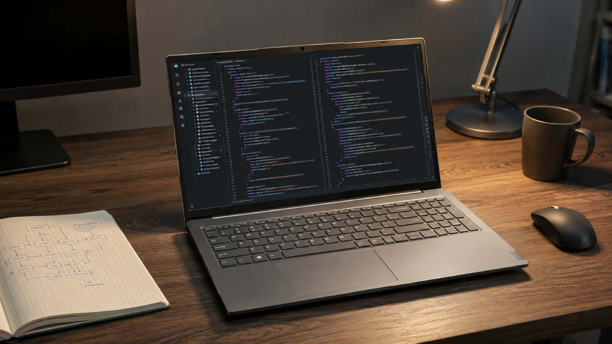 Lenovo ThinkBook 16 G9 deschis pe un birou, cu editor de cod afișat clar pe ecran