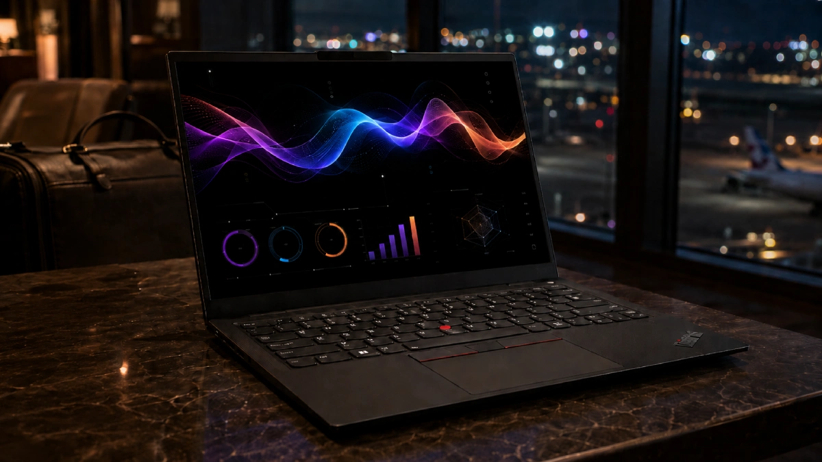Lenovo ThinkPad X1 Carbon Gen 13 pe o masă într-un lounge de aeroport, cu dashboard grafic pe ecranul OLED