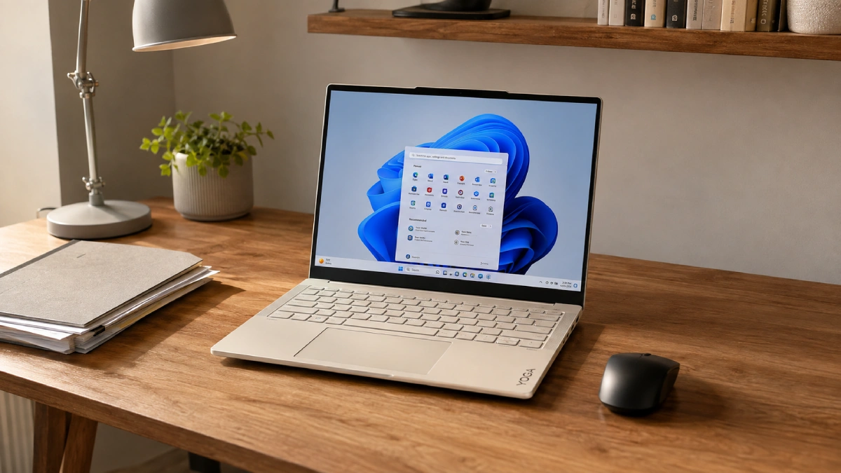 Laptop Lenovo Yoga Slim 7 14IPH11 Seashell pe un birou din lemn, într-un spațiu de lucru de acasă
