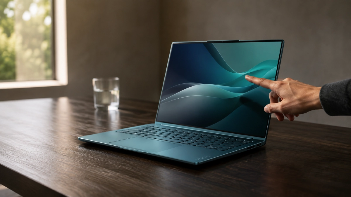 Laptop Lenovo Yoga Slim 9 14ILL10 Tidal Teal pe o masă din lemn închis, cu ecran tactil utilizat