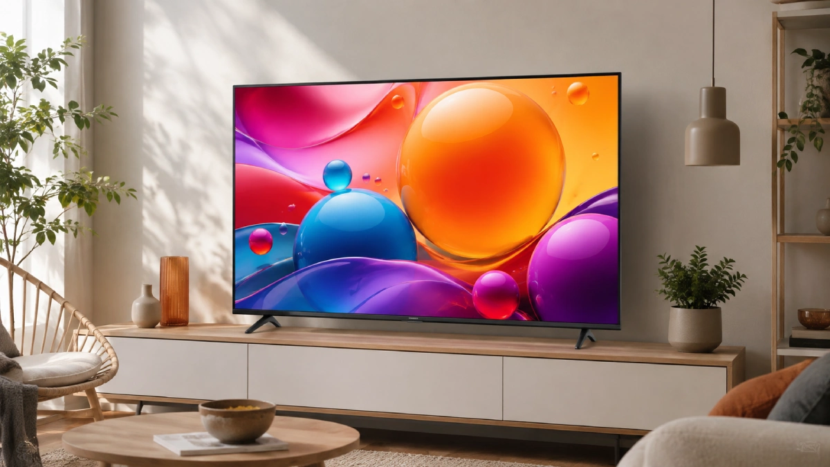 Televizor LG UHD AI 55UA75003LA de 139 cm într-un living modern