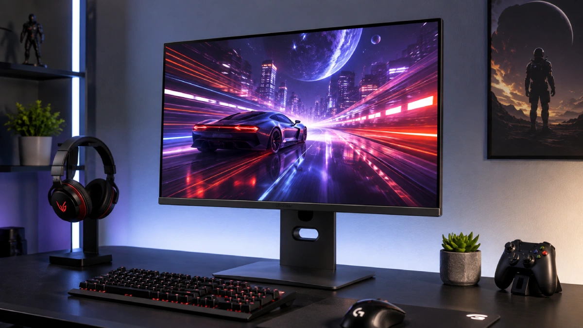 Monitor LG UltraGear 27G850A-B de 27 inch, 4K UHD, într-un setup de gaming modern