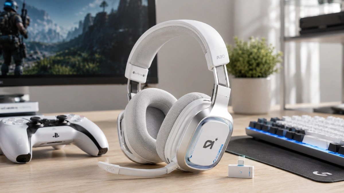 Căști gaming Logitech Astro A30 albe într-un setup luminos pentru PC și PlayStation