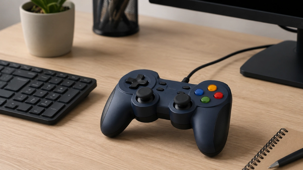 Gamepad Logitech F310 cu fir pe un birou din lemn deschis, lângă o tastatură simplă