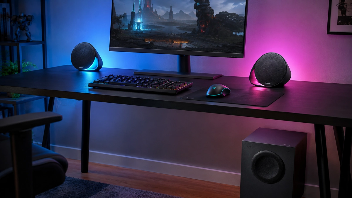 Sistem Logitech G560 LIGHTSYNC 2.1 într-un setup de gaming cu iluminare RGB