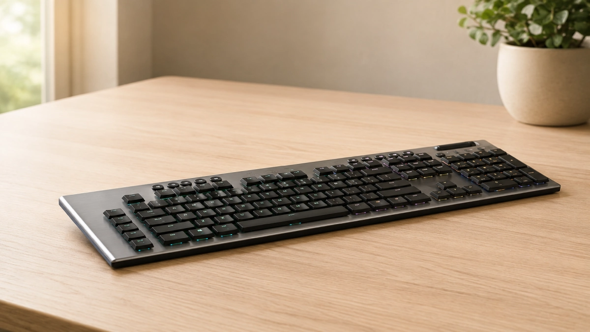 Tastatura de gaming Logitech G915 X Lightspeed cu profil jos și iluminare RGB pe birou