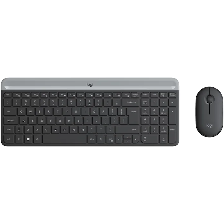 Set Logitech MK470 Slim cu tastatură wireless și mouse, culoare Negru Grafit