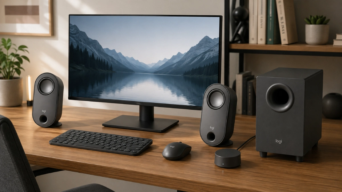 Sistem Logitech Z407 2.1 amplasat pe un birou cu monitor, subwoofer și controller wireless
