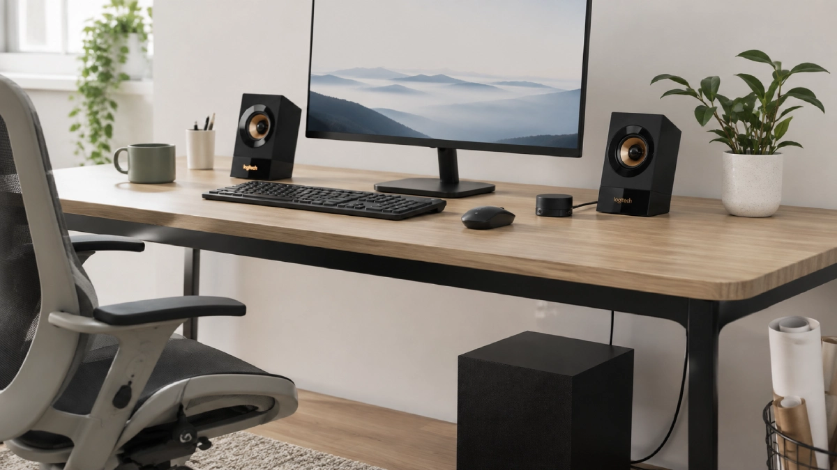 Sistem Logitech Z533 2.1 instalat la un birou cu monitor și computer