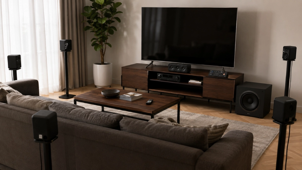 Sistem Logitech Z906 5.1 amplasat într-o sufragerie cu televizor și subwoofer