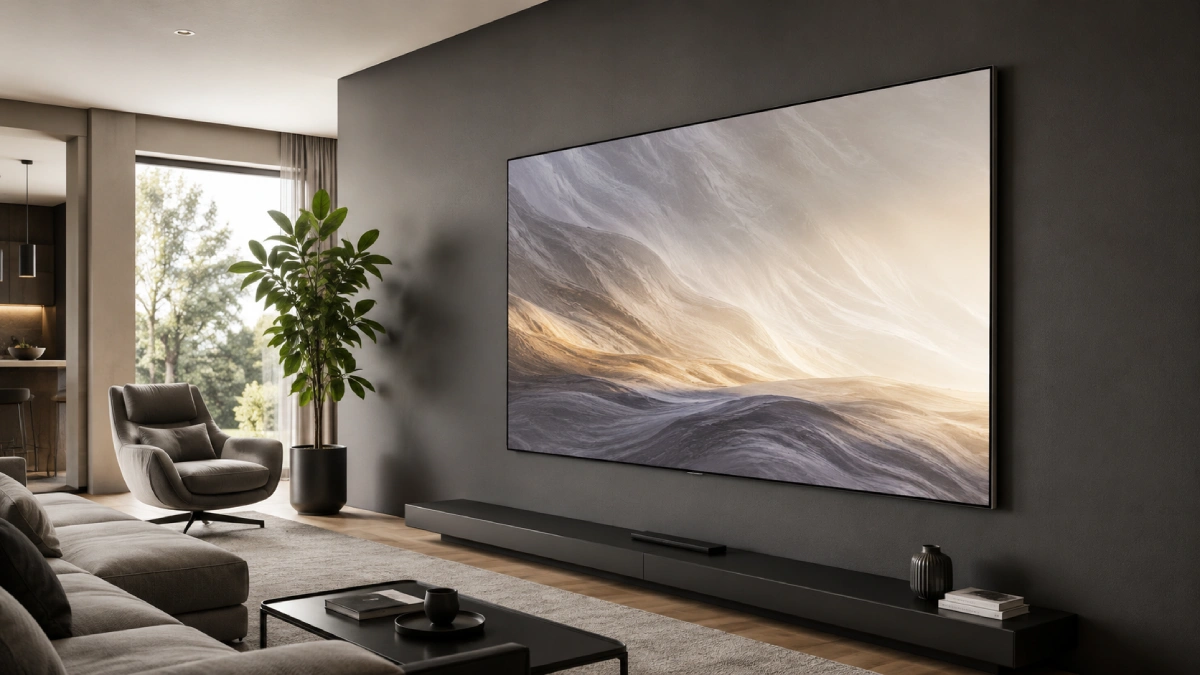 Televizor mare montat foarte aproape de perete într-un living modern, pentru a ilustra un suport TV fix ultra-plat