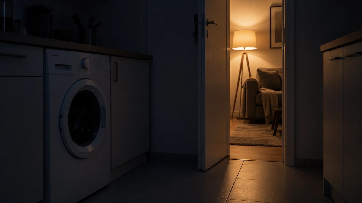 Mașină de spălat rufe în funcțiune seara, într-un apartament de bloc, cu ușa spre camera de zi întredeschisă
