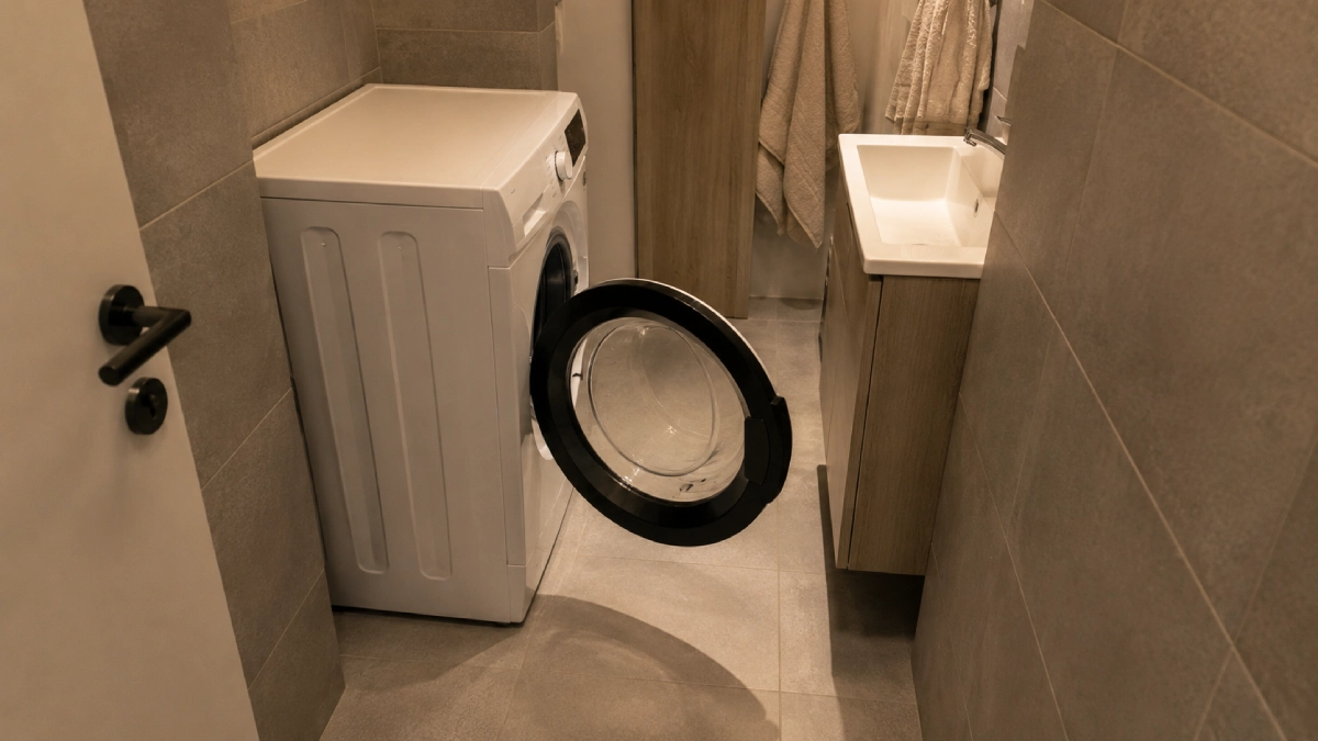 Mașină de spălat rufe într-o baie îngustă, cu ușa hubloului deschisă complet, aproape de mobilierul opus