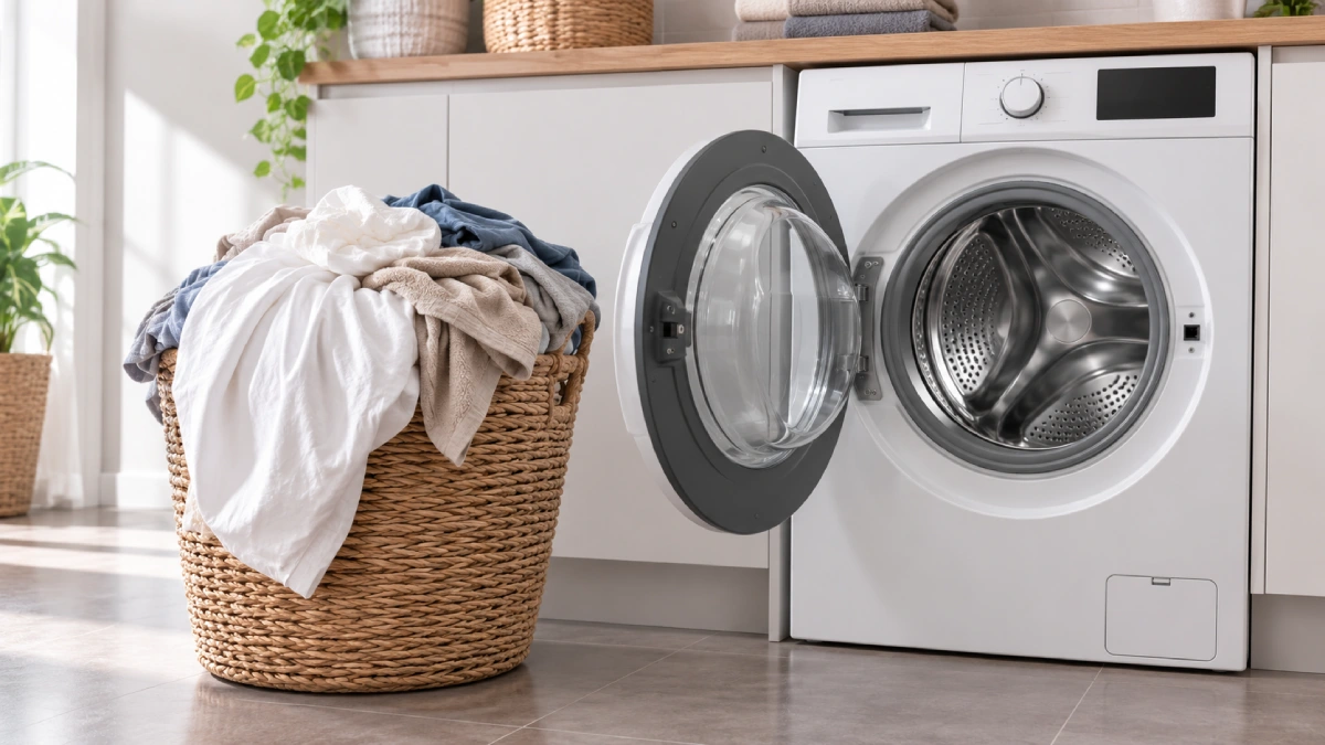 Coș de rufe plin așezat lângă o mașină de spălat cu ușa deschisă și tamburul gol