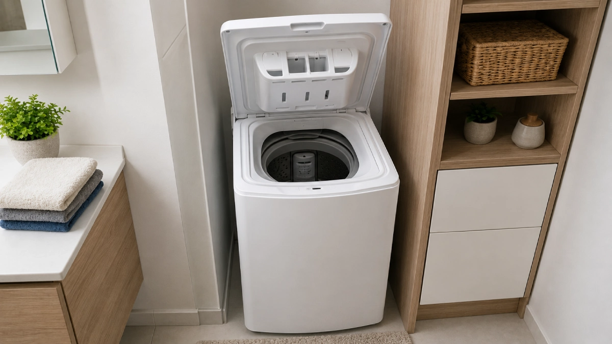 Mașină de spălat cu încărcare verticală, cu capacul superior deschis, într-un spațiu îngust între corpuri de mobilier