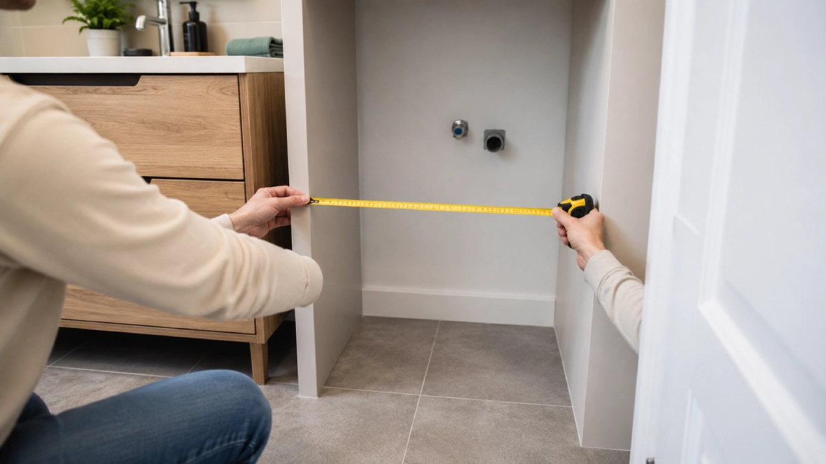 Ruletă întinsă între două corpuri de mobilier, pe lățimea spațiului destinat mașinii de spălat
