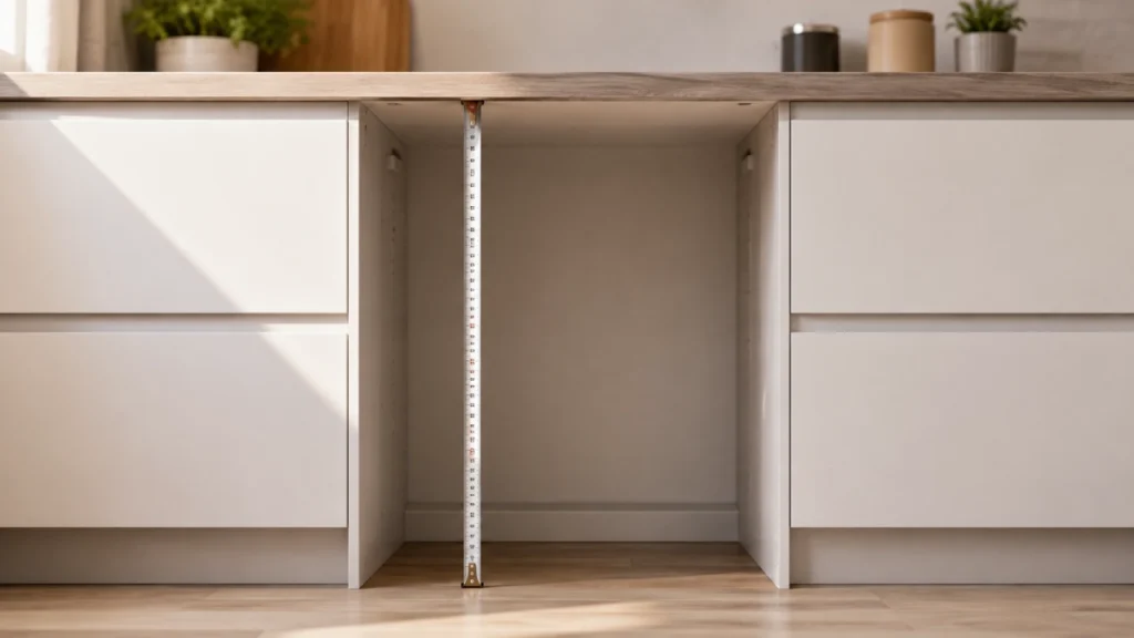 Ruletă întinsă vertical între podea și marginea de jos a blatului, în golul de mobilier destinat mașinii de spălat vase