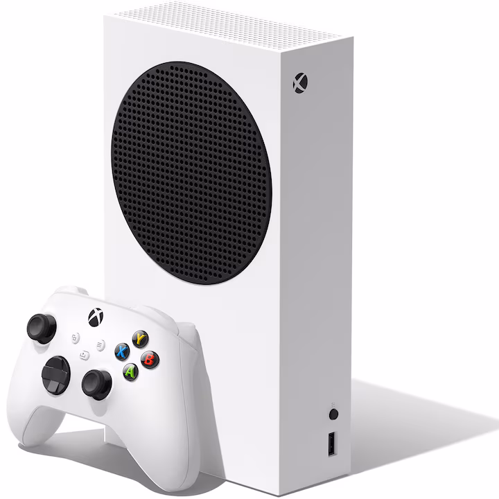Consolă Microsoft Xbox Series S cu stocare de 512 GB, culoare albă, și controller wireless