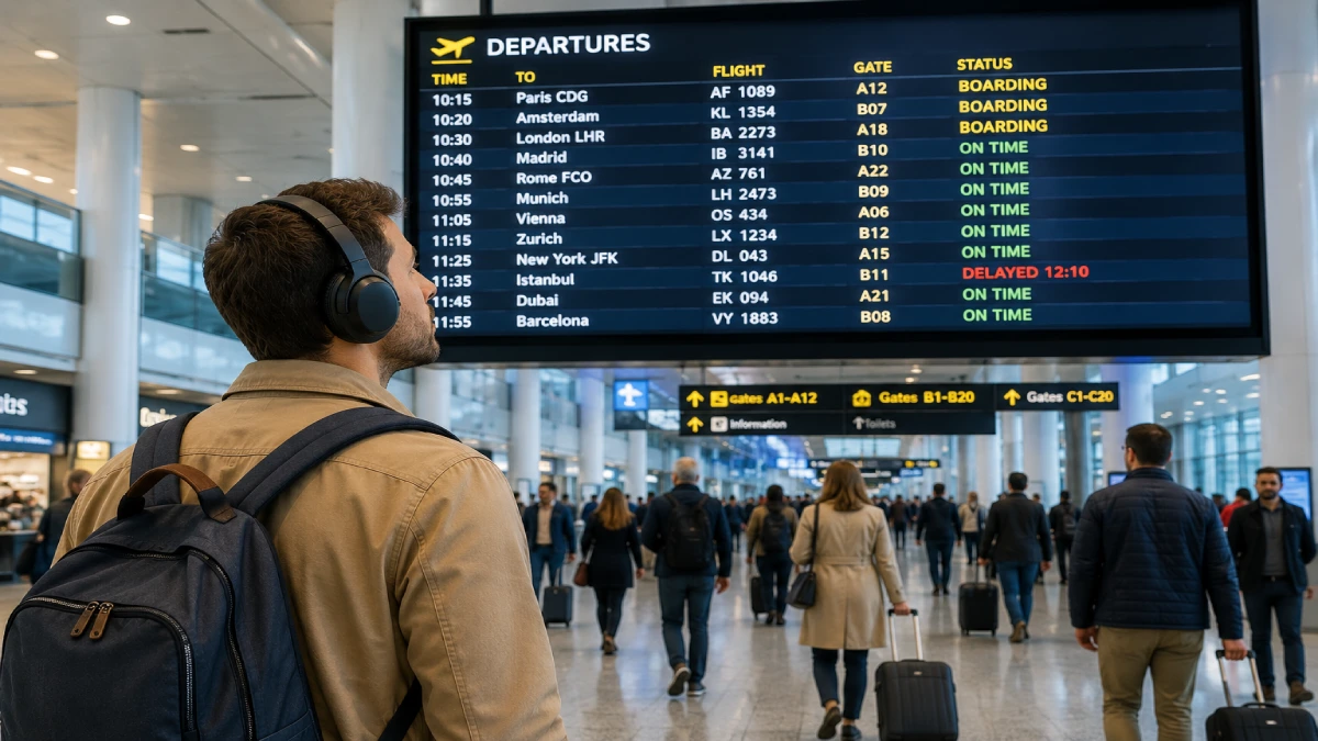 Călător cu căști over-ear într-un terminal de aeroport, privind panoul de plecări