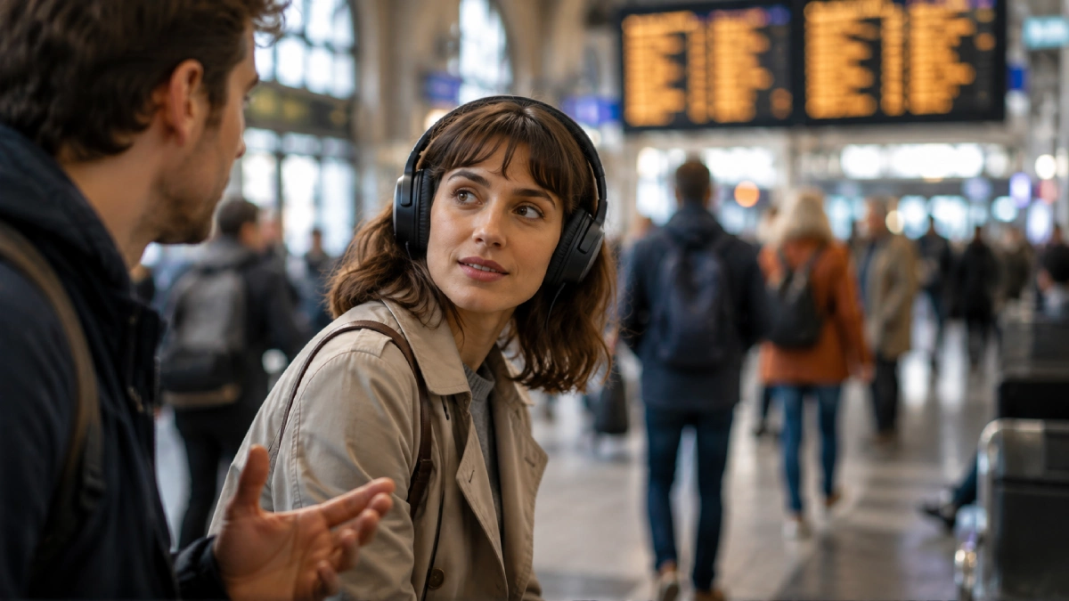 Persoană cu căști over-ear care se întoarce atent spre cineva care îi vorbește într-o gară