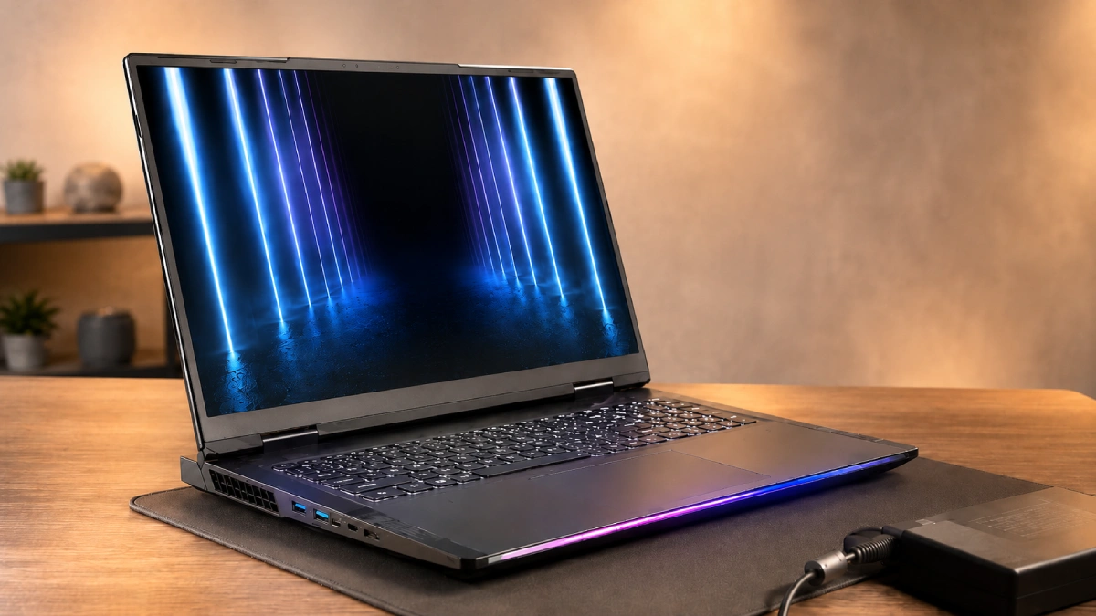 Laptop gaming MSI Raider A18 HX A9WIG pe birou, cu ecran de 18 inci și tastatură iluminată discret