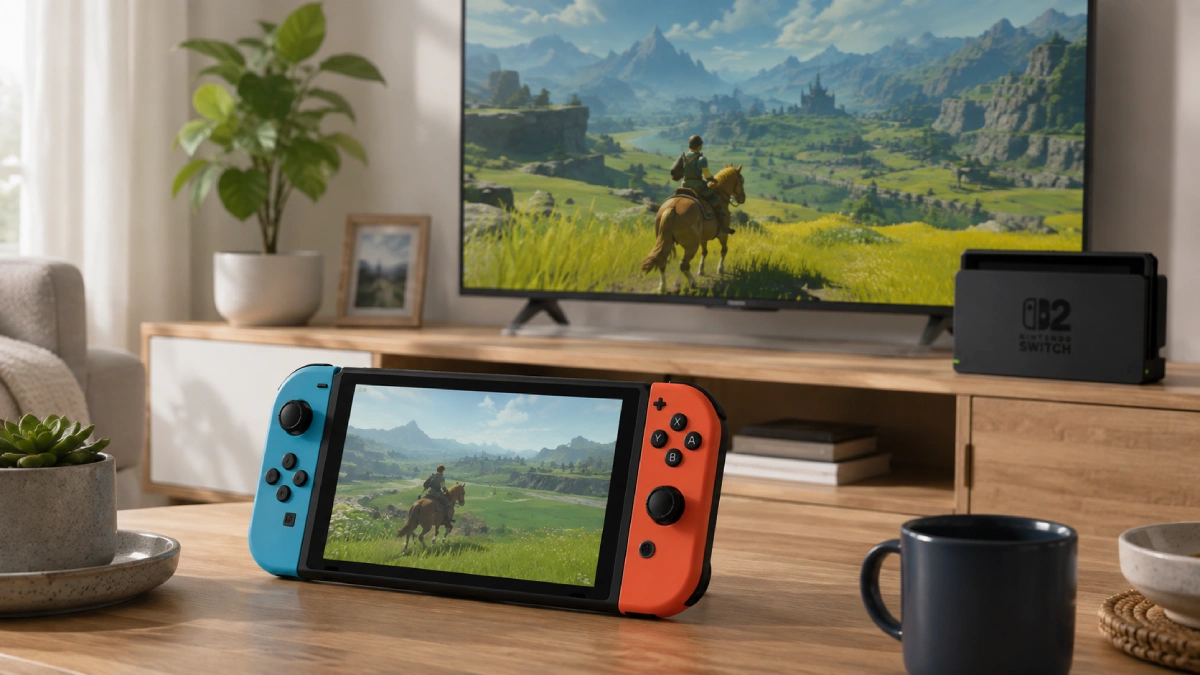 Nintendo Switch 2 în modul portabil, cu televizor și dock în fundal