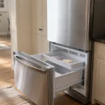Combină frigorifică într-o bucătărie de apartament, cu sertarul superior al congelatorului tras complet afară