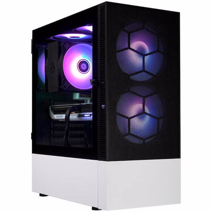 Sistem desktop PC Gaming A+ cu procesor AMD Ryzen 5 8400F și placă video Radeon RX 9060 XT GAMING OC ICE 16GB, Black/White