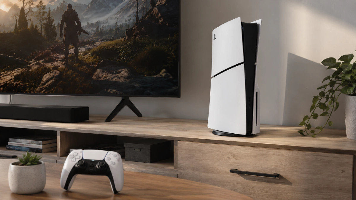 Consolă PlayStation 5 Slim 1TB lângă televizor, cu controller DualSense în prim-plan