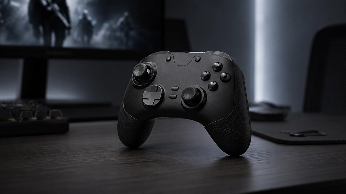 Controller Razer Wolverine V3 Pro negru în prim-plan pe un birou de gaming, cu monitor estompat în fundal