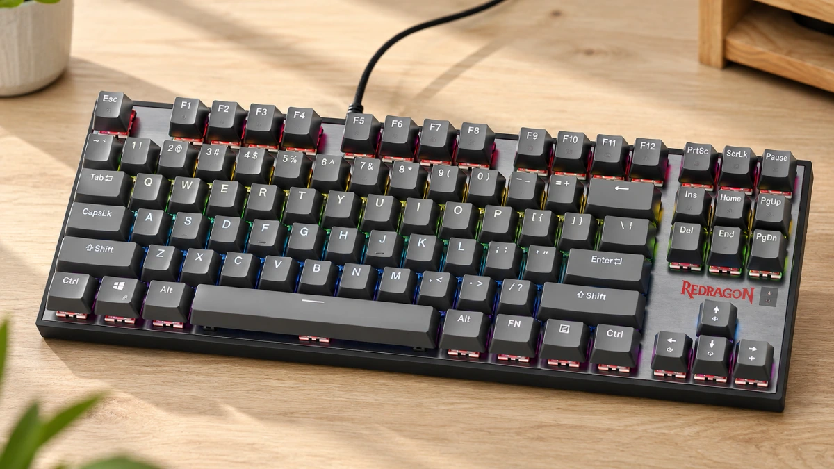 Tastatura mecanică de gaming Redragon Kumara K552 RGB, format TKL, cu iluminare RGB pe birou