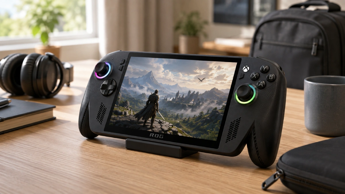 ROG Xbox Ally pe o masă din lemn, cu ecranul pornit și accesorii de călătorie în fundal