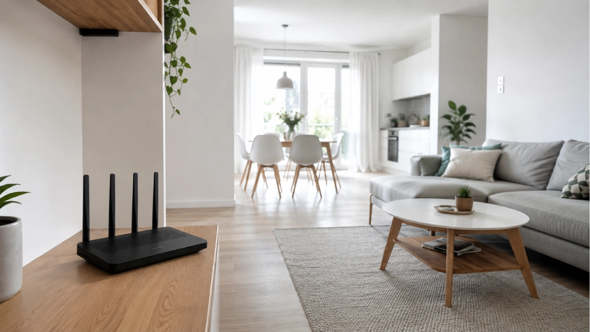 Router Wi-Fi amplasat într-un living open-space luminos dintr-un apartament mic sau mediu