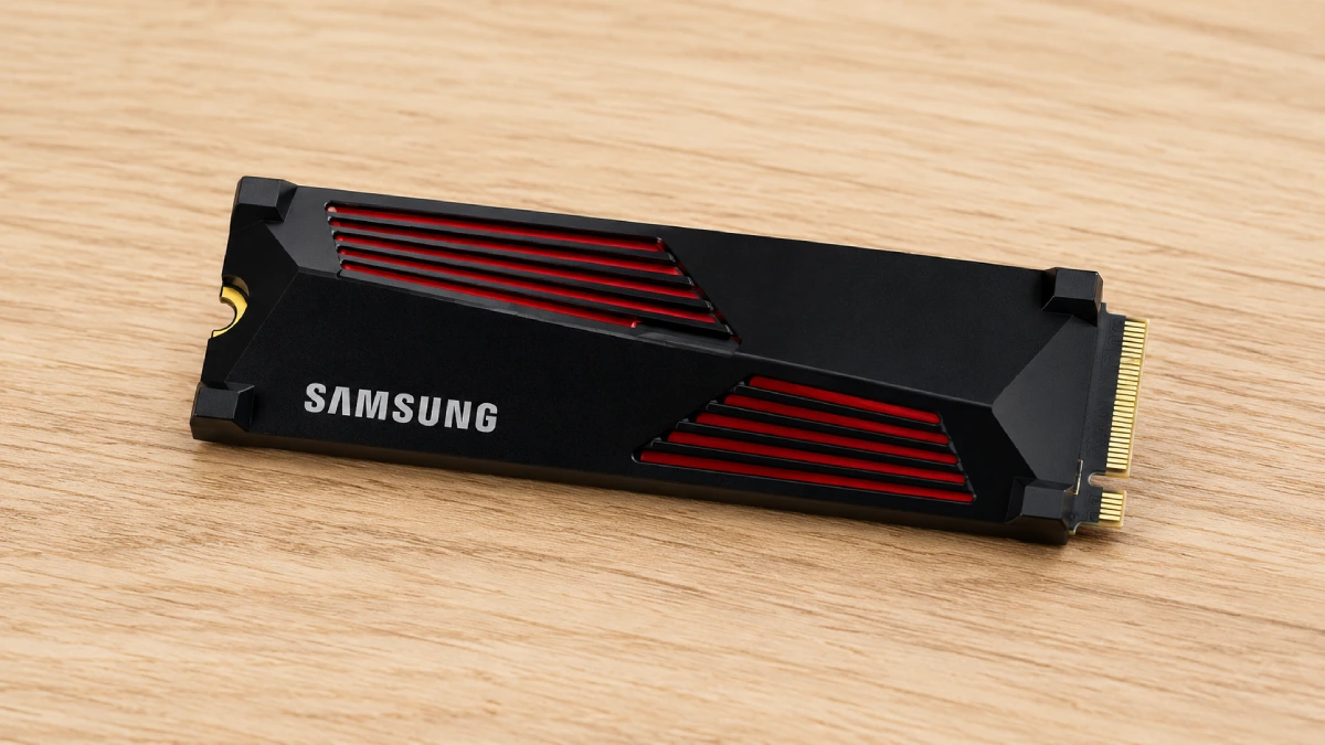 SSD Samsung 990 PRO 2TB cu radiator așezat pe o masă din lemn deschis