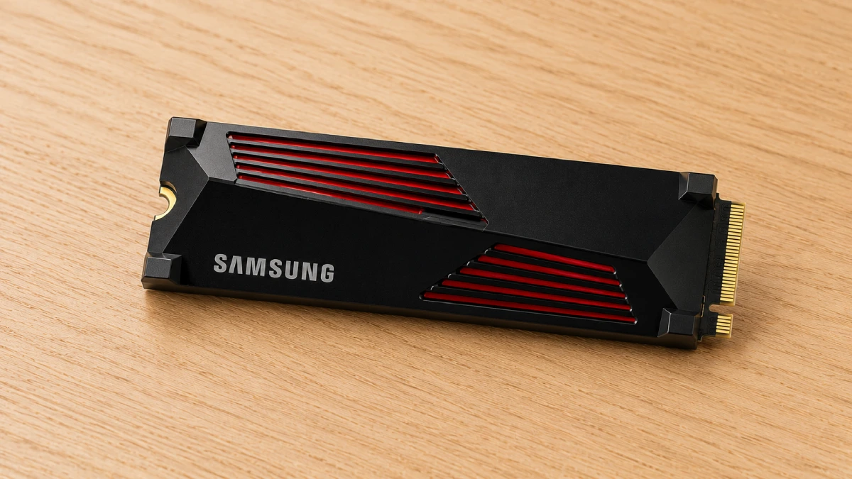 SSD Samsung 990 PRO 4TB cu radiator așezat pe o masă din lemn deschis