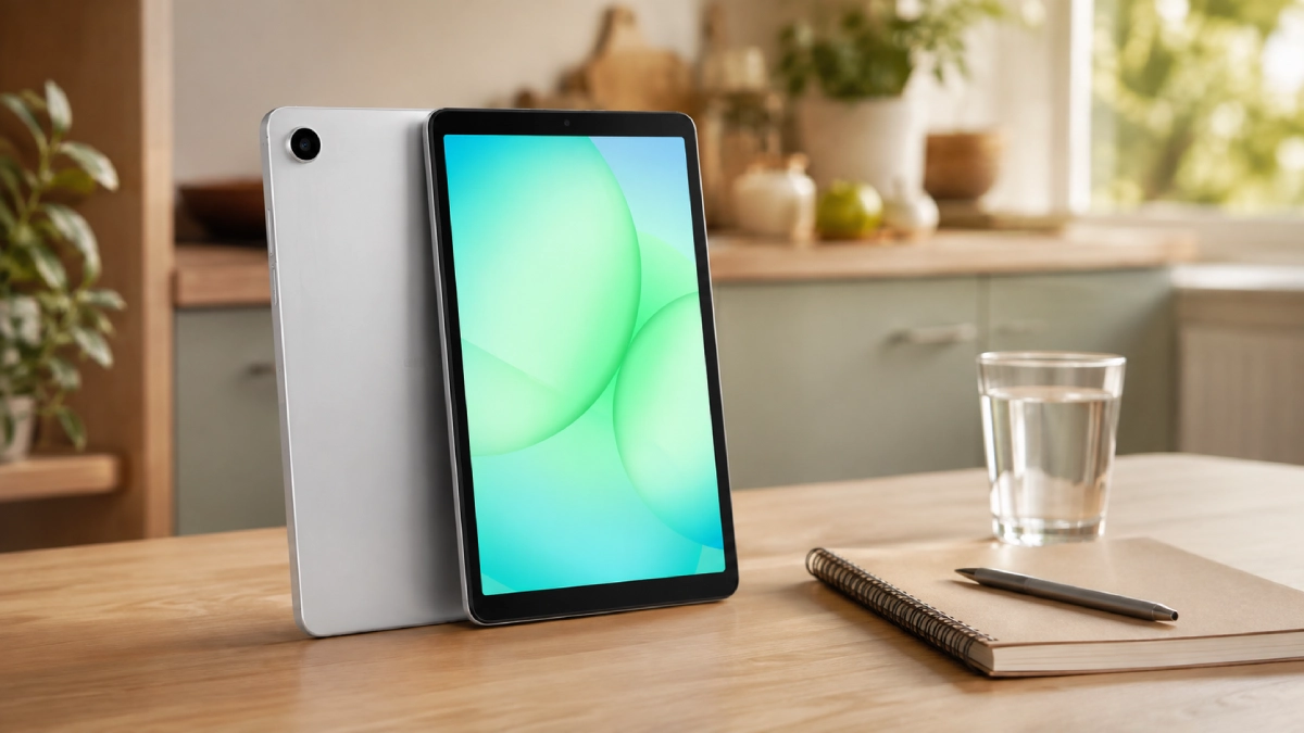 Samsung Galaxy Tab A11 8.7 Wi-Fi Silver pe o masă, într-un cadru de utilizare acasă