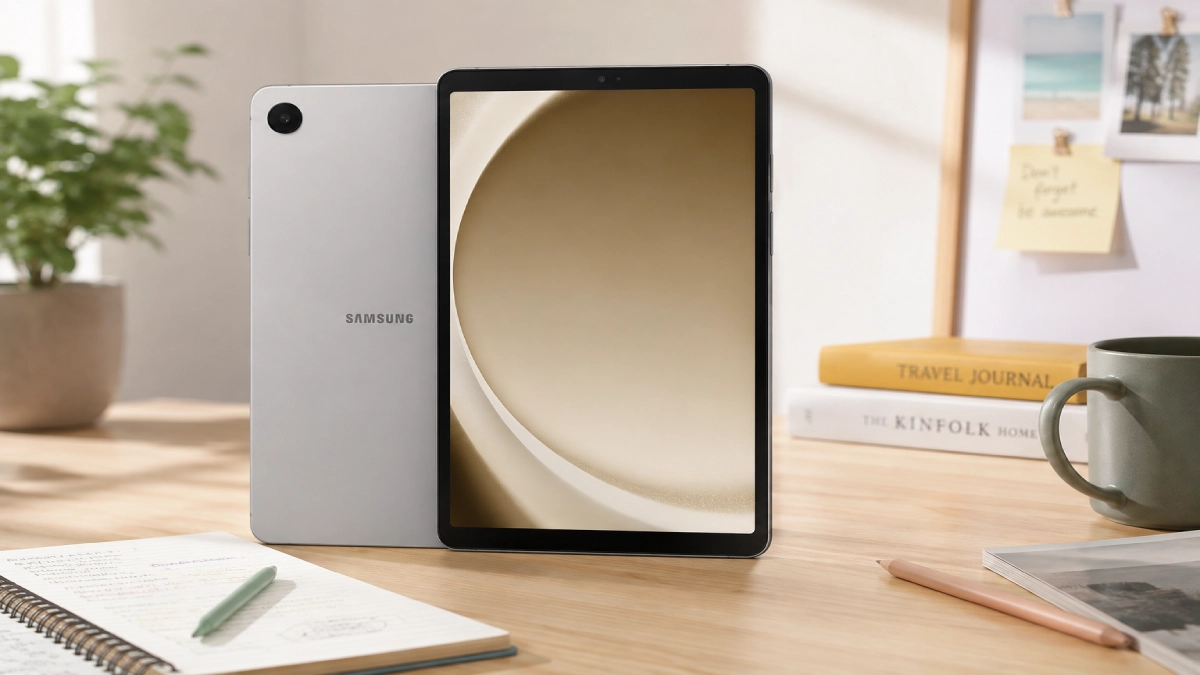 Samsung Galaxy Tab A9 8.7 4G Silver pe un birou, într-un cadru de utilizare zilnică