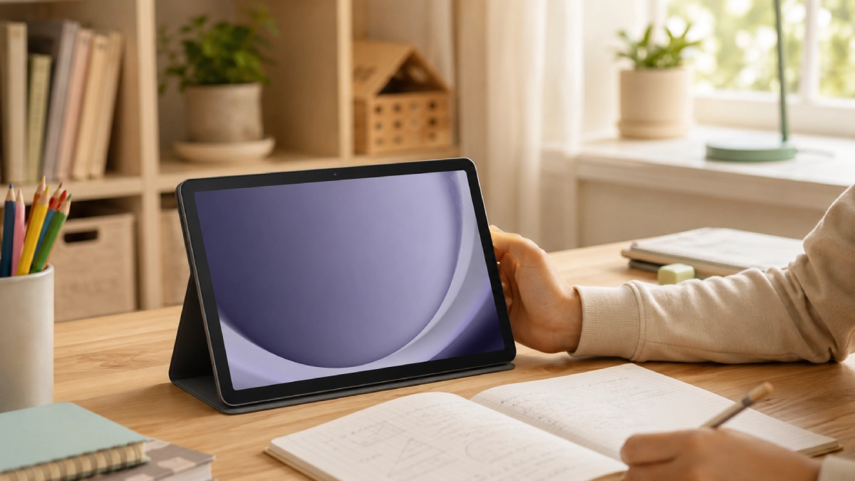 Samsung Galaxy Tab A9+ 11 Wi-Fi Gray pe birou, într-un spațiu de studiu luminos
