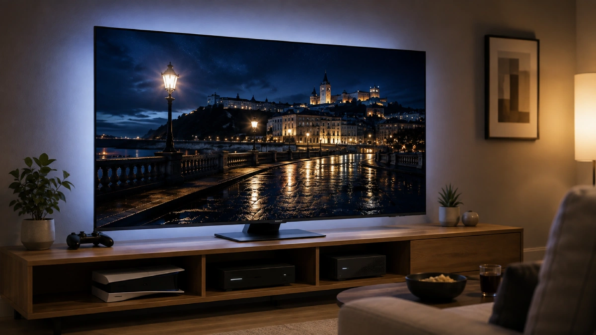 Samsung Neo QLED 55QN85F într-un living întunecat, afișând o scenă nocturnă cu lumini mici și zone întunecate