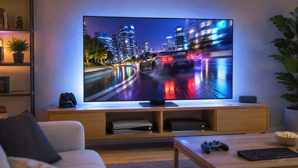 Televizor Samsung Neo QLED 55QN85F într-un setup de gaming seara, cu consolă și PC conectate și o scenă de curse nocturnă pe ecran
