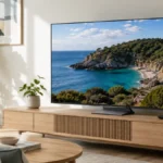 Televizor Samsung Neo QLED 55QN85F de 55 inch într-un living luminos, afișând un peisaj de coastă cu zone luminoase și umbre