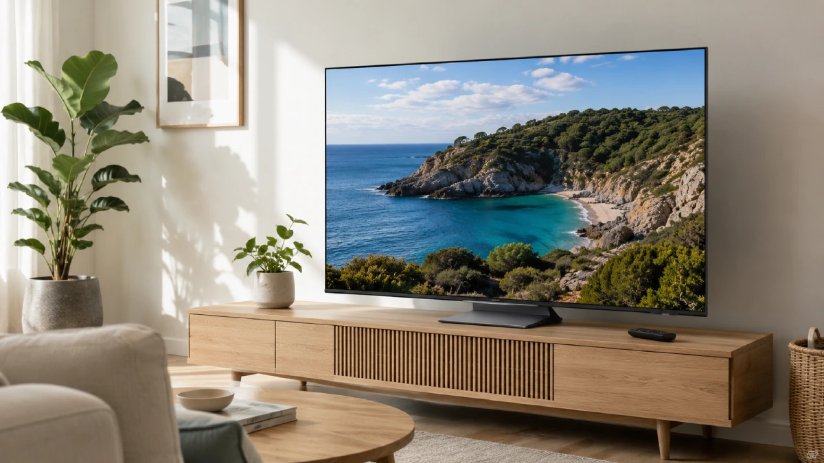 Televizor Samsung Neo QLED 55QN85F de 55 inch într-un living luminos, afișând un peisaj de coastă cu zone luminoase și umbre