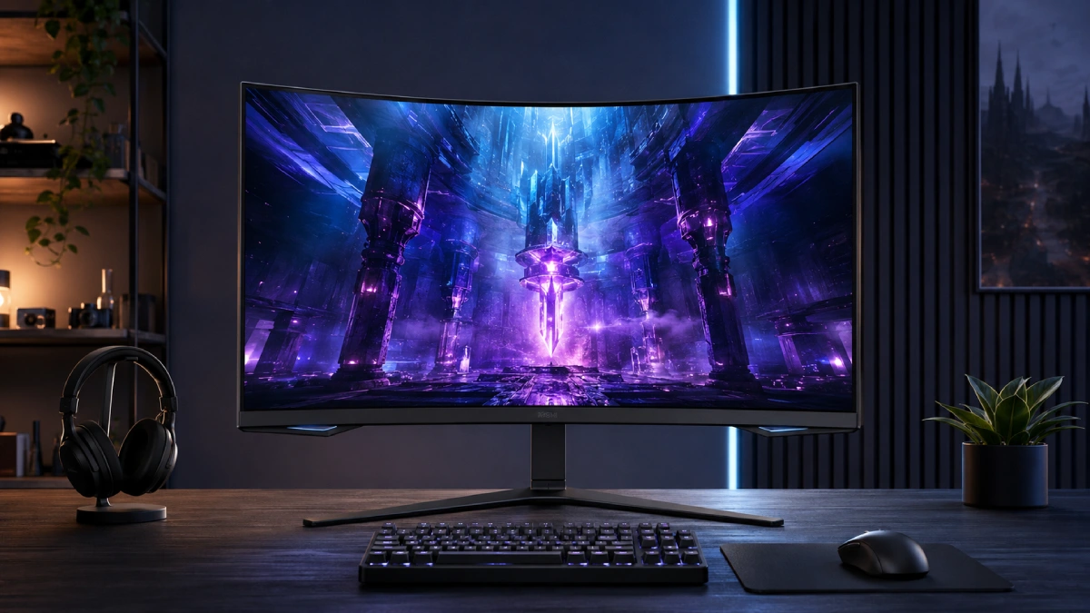 Monitor gaming Samsung Odyssey G6 G65B de 32 inch, curbat, într-un setup modern de gaming