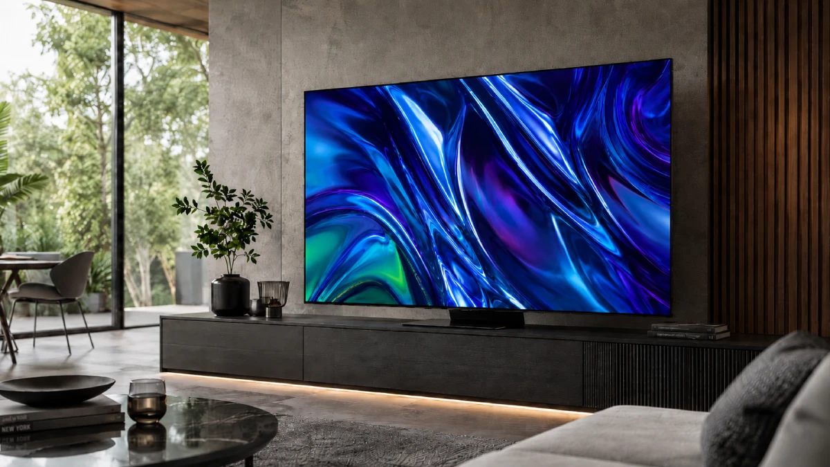 Televizor Samsung OLED S95F amplasat într-un living modern și luminos, cu ecran mare și design subțire