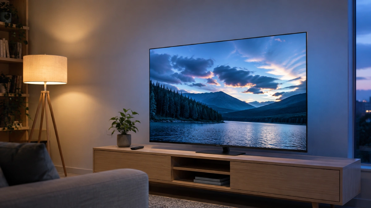 Televizor Samsung QLED 55Q8F de 55 inch pe o comodă de lemn într-un living modern seara, afișând un peisaj cu lac și cer la ora albastră