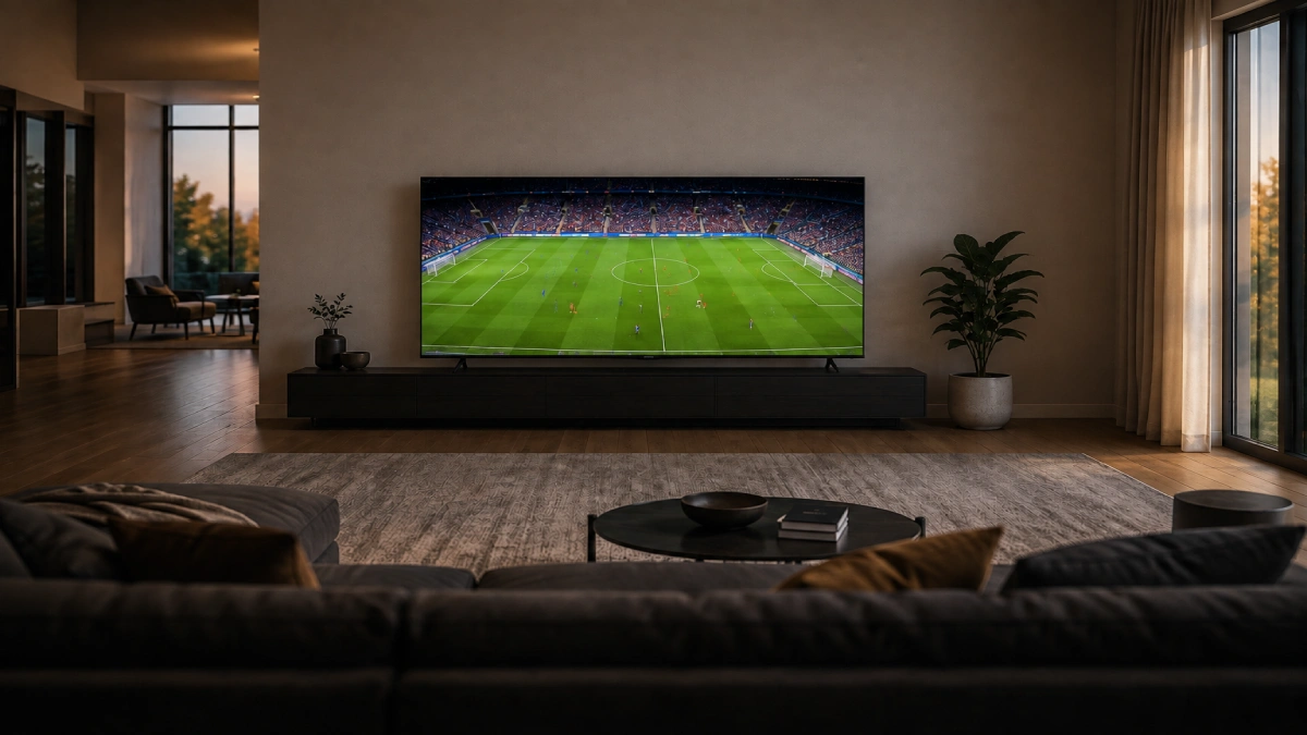 Televizor Samsung QLED 65Q7F2 de 65 inch într-un living spațios, văzut din spatele canapelei, cu distanță mare de vizionare și o transmisiune sportivă pe ecran